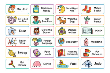 Kids daily routine chores collection. Responsibilities list for the chore chart. Morning and evening tasks set. Vector illustration - obrazy, fototapety, plakaty