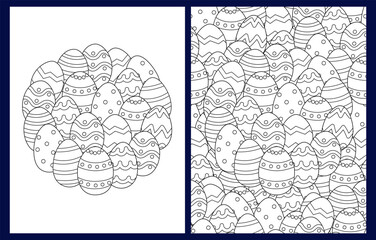 Easter eggs coloring pages set in US Letter format. Doodle background with ornamental doodle eggs  for coloring book. Vector illustration