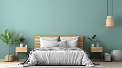 Fototapeta na wymiar Modern Bedroom Interior with Mint Wall, generative Ai