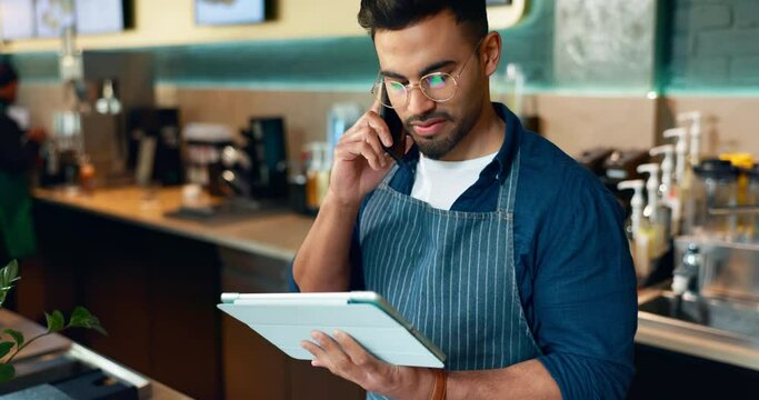 Man, phone call and tablet for cafe communication, online management or customer service in restaurant. Small business owner, waiter or barista on mobile and digital inventory for coffee shop startup