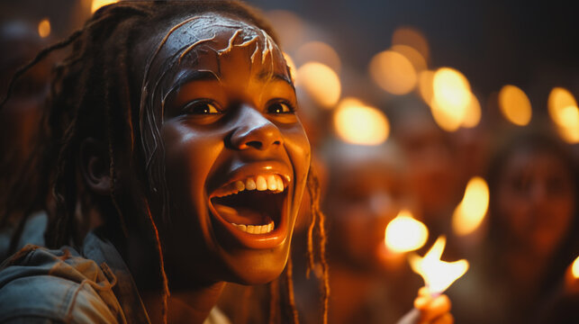 Vivid close-up of a laughing girl with mud on her face, backed by dancing figures around a campfire in twilight wilderness.