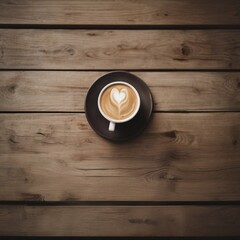 Top-down view of coffee cup, saucer on wooden table. Surrounded by coffee beans. Mood: cozy.