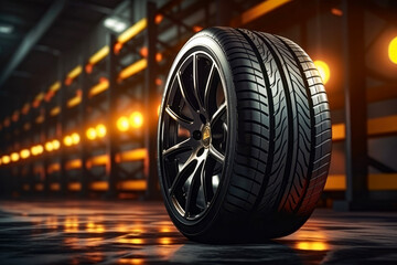 New car tires and car wheels in the background of dark. sales and repair car concept.