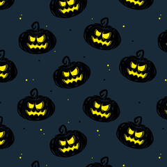 Vector Halloween dark pattern with pumpkin on blue  background. Great element for your Halloween design.