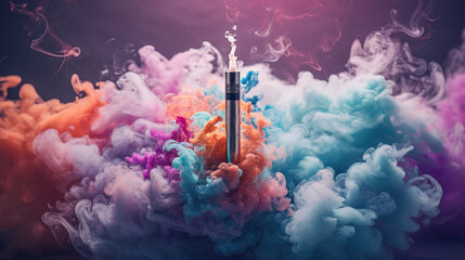 Vape device in front of color smoke.