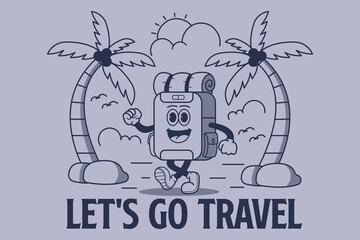Let's go travel. Design a cartoon vector illustration of a backpack on the beach