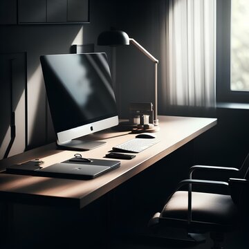 Sleek Elegance: Editorial Photography of a Minimalist High-Tech Computer Table in Soft Natural Light