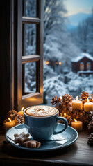 Cozy winter or Christmas scene with a steaming hot latte on a window sill showing a frosty winter...