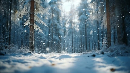 Low angle winter forest landscape blurry background with snow trees and snowfall - obrazy, fototapety, plakaty