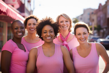 Group portrait of breast cancer awareness advocates wearing pink clothes