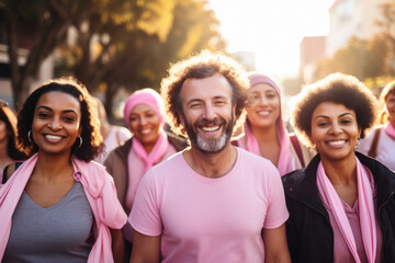 Group portrait of breast cancer awareness advocates wearing pink clothes with a man in middle - obrazy, fototapety, plakaty