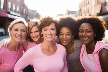 Group portrait of breast cancer awareness advocates wearing pink clothes
