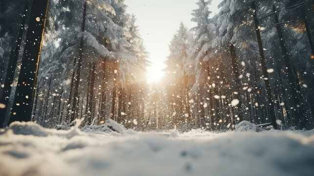 Low angle winter forest landscape blurry background with snow trees and snowfall