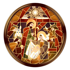 Gold line drawing of the scene of the birth of Jesus Christ in a classic round frame. Vector illustration