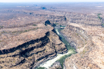 Aerial shot of the lower river gorge of the Zambezi river in southern africa.