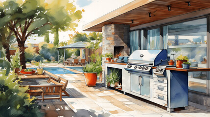 Vibrant Alfresco Cooking - Modern Outdoor Kitchen with Built-In Grill, Watercolor Illustration, generative Ai