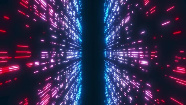 Technology tunnel. red-blue lines, glowing. data transmission. in 4k, abstraction. Background animation