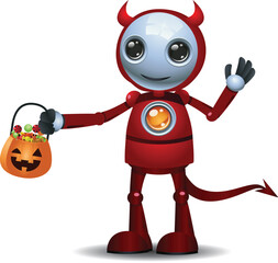 3D illustration of a little robot  on Halloween Satan costume on isolated white background