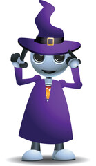 3D illustration of a little robot  on Halloween witch costume on isolated white background