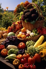 Harvest cornucopia overflowing with fruits and vegetable