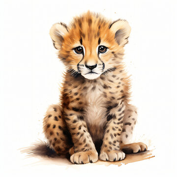 Watercolor Baby Cheetah Isolated On White Background
