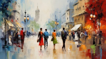 impressionist style oil painting. Bustling cityscape with bold brushstrokes and pops of color - obrazy, fototapety, plakaty