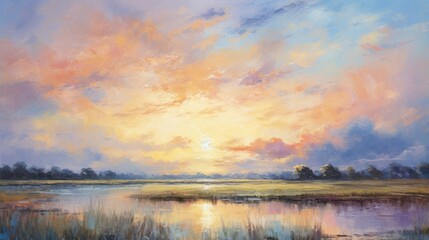 Obraz premium impressionist style oil painting. Moody landscape with a dramatic sky and intense, moody colors.