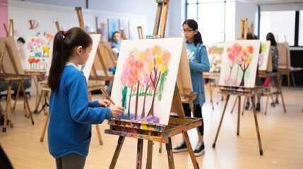 Children painting on easels in art class