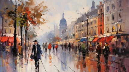 impressionist style oil painting. Bustling cityscape with bold brushstrokes and pops of color. - obrazy, fototapety, plakaty