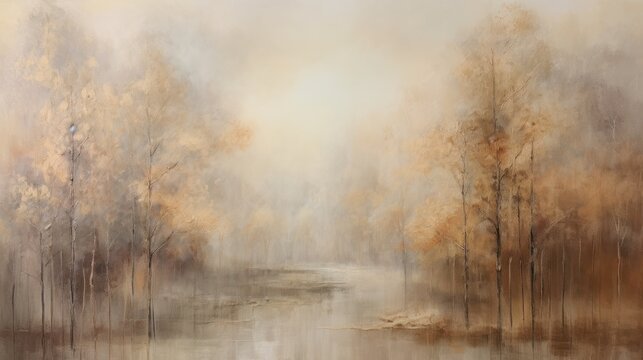 impressionist style oil painting. Tranquil forest scene with a misty atmosphere
