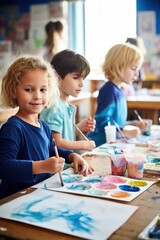 Fototapeta na wymiar Kids painting with watercolors at school