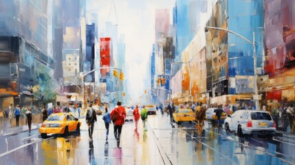 impressionist style oil painting. Bustling cityscape with bold brushstrokes and pops of color.