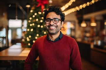 Portrait of a handsome young man in glasses smiling at the camera while standing in a cafe