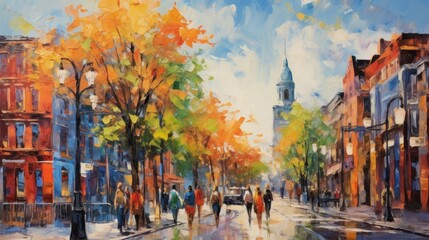 impressionist style oil painting. Bustling cityscape with bold brushstrokes and pops of color.