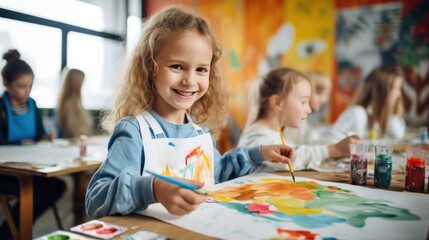 Kids painting with watercolors at school - obrazy, fototapety, plakaty