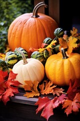 Colorful leaves and pumpkins evoke the essence of autumn