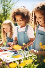 Group of children painting outdoors on a sunny day - obrazy, fototapety, plakaty