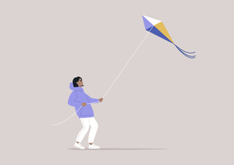 A youthful character flying a kite on a breezy day