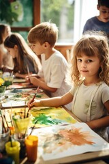 Kids painting with watercolors at school