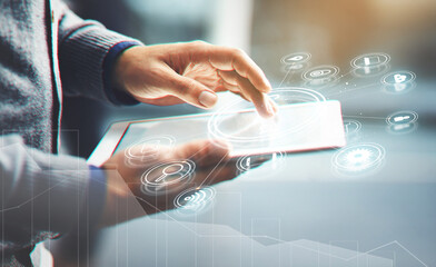Business person, hand and tablet with digital hologram, UI or dashboard HUD for interaction at...