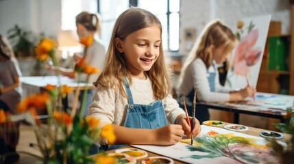 Kids painting with watercolors at school - obrazy, fototapety, plakaty
