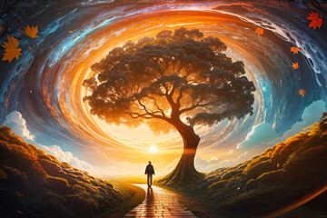 Boy on mystical path to fantasy horizon, swirling leaves, radiant sunset, abstract dreamlike wonder.