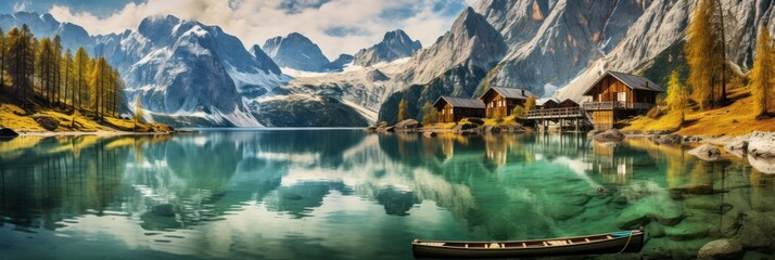 three huts with two boat in water on lake - obrazy, fototapety, plakaty