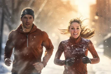 Fotobehang Couple running outdoor during workout on winter day. Man and woman jogging in park. Active people. People while cardio training. Physical fitness. Cardio workout. Healthy lifestyle © Przemek Klos