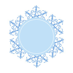 Round Christmas winter decorative snowflake round frame with empty blue center, decorated for greeting card, invitation, web design