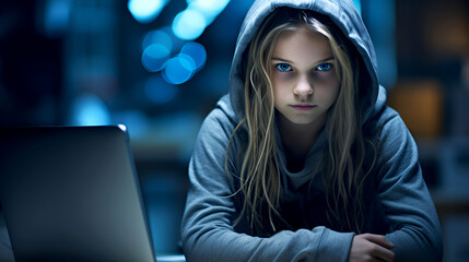 Teenager girl sits sideways in front of a computer on a dark background.