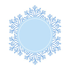 Round Christmas winter decorative snowflake round frame with empty blue center, decorated for greeting card, invitation, web design