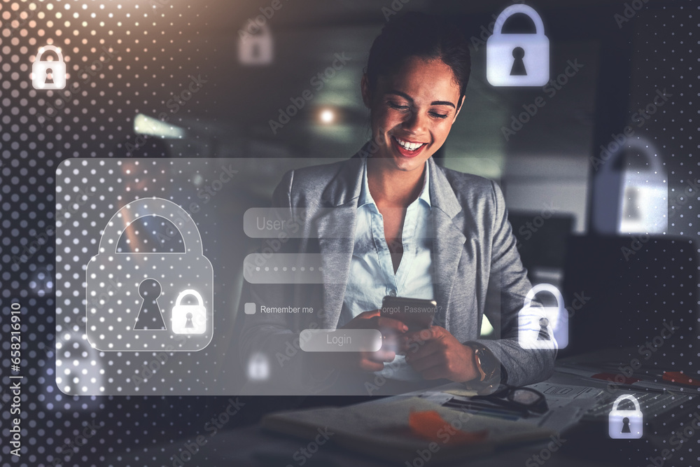 Poster business woman, lock hologram and cyber security for web, phone and pin on mobile app for banking. d