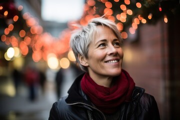 Portrait of smiling middle aged woman in the city at Christmas time