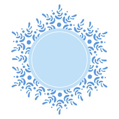 Round Christmas winter decorative snowflake round frame with empty blue center, decorated for greeting card, invitation, web design